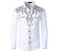 Lockenstab Mens Stylish Western Cowboy Shirt Embroidered Slim Fit Casual Long Sleeve Shirts Mens Wedding Party Shirt(White,M)