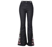 Lockenstab Women Flared Fit Jeans Washed Long Denim Pants with Floral Embroidery Bell Bottom(Black,12)