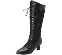 Lockenstab Women’s Victorian Vintage Knee High Boots Lace Up Kitten Heel Pointed Toe Pull-On Long Boots Retro Gothic Style Knee-Length Shoes(Black,6 UK)