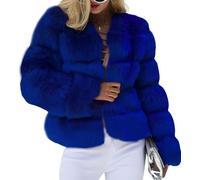 Lockenstab Women Warm Fluffy Cropped Puffer Jacket Faux Fur Coat Crop Parka Collarless Winter Teddy Bear Overcoat(Royal Blue,Large)