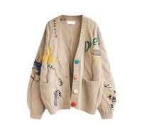 Lockenstab Women's Cable Knit Cardigan Long Sleeve Open Front V-Neck Button Front Embroidery Wool Blend Sweater Jacket Outdoor Wear(Khaki,Small)