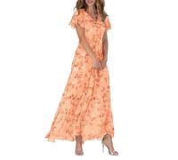 Lockenstab Women's Chiffon Floral Maxi Dress - Summer Elegant Boho Long Flowy Dresses Ruffle Sleeves V Neck Vacation Beach Outfit Wedding Guest Engagement Cocktail Party(Orange,L)