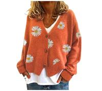 Lockenstab Women's Floral Print Long Sleeve V-Neck Sweaters Button Down Ribbed Cuffs Knit Cropped Cardigan Sweater(Orange,XX-Large)