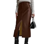 Lockenstab Womens Front Split Leather Pencil Skirt Casual High Waisted Faux Bodycon Midi for Fall Winter(Brown,X-Small)