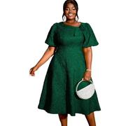Lockenstab Women's Jacquard Rose Irregular Neck Flared Midi Dress Short Puff Sleeve Formal Party Work A-Line Dresses(Green,X-Large)