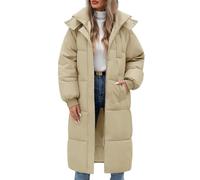Lockenstab Women's Long Winter Coat Sleeve Puffer Quilted Coats Thickened Warm Hooded Padded Jackets Ladies Longline Windproof Outerwear For(Khaki,Large)