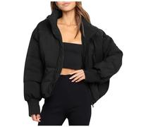 Lockenstab Women's Puffer Jacket Short Black Beige Winter Warm Quilted Thick Winter Jacket Transition Outdoor Long Sleeve Cotton Jacket (L)
