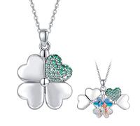 Locket Necklace for Women 925 Sterling Silver Four Leaf Clover Photo locket Gradient Green Four Leaf Clover Jewellery Lucky Photo Pendant Necklace Mother's Day Valentine's Day Gifts for Women Girls