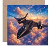 Lockheed Blackbird Birthday Card - Soaring Above the Clouds - Dramatic Blackbird Jet at Sunset Illustration - Bold for Aviation Lovers - 145mm Square, Envelope Included