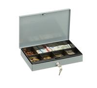 Relaxdays Locking Cash Box, Flat Metal Case with Coin Tray, 2 Keys, Money Safe HxWxD: 5x30x20 cm, Grey