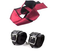LOCKISH Handcuffs And Blindfold Set,1PCS PU Leather Adjustable Handcuffs Ankle Bracelets,1PCS Blindfold,Silk Satin Blind fold Eye Mask for Sleeping Games(Black Red)