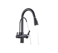 LOCKLGFMCZ Golden Kitchen Tap Pull Down Purified Water Faucet 360 Rotation Double Handles Single Hole Cold and Hot Mixers Kitchen Faucet(Matte Black)