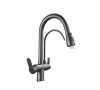 LOCKLGFMCZ Golden Kitchen Tap Pull Down Purified Water Faucet 360 Rotation Double Handles Single Hole Cold and Hot Mixers Kitchen Faucet(Gr)