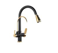 LOCKLGFMCZ Golden Kitchen Tap Pull Down Purified Water Faucet 360 Rotation Double Handles Single Hole Cold and Hot Mixers Kitchen Faucet(Black Gold)