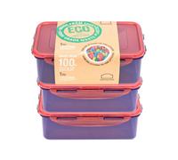 Locknlock Eco Purple Rectangular Plastic Reusable Airtight Food Storage Container Set With Lid 1L Pack Of 3