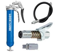LockNLube Heavy-Duty Pistol Grip Grease Gun (Blue). Includes Our Patented LockNLube® Grease Coupler (Locks On, Stays On, Won't Leak!) Plus a high-Quality 20" Hose and in-line Hose Swivel