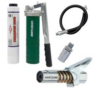 LockNLube Spin-On Lever Grease Gun Kit. Includes: 1 Tube Grease, The Grease Coupler Plus a Heavy-Duty 20" Grease Hose and in-line Hose Swivel.