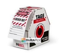 Lockout Tags On A Roll, Danger Locked Out | Heavy-Duty DuraPly Stock | Waterproof and Tear-Resistant | Red/Black On White | 6.25 Inches X 3 Inches X 10 Mil Thickness (RT6027) (100)