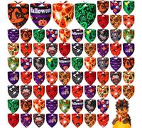 Locmeo 100 Pcs Halloween Dog Bandanas Bulk Pumpkin Black Cat Skull Dog Bandanas Adjustable Pet Bibs Triangle Scarf Halloween Holiday Costume for Small Medium Large Pet Puppy(L)