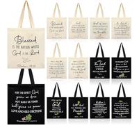 Locmeo 12 Pcs Christian Gift Bags for Women Bible Verse Tote Bags Inspirational Aesthetic Religious Scripture Gift for Church Grocery Makeup Shopping, 15.4 x 14.6 Inch, Black, 1 Count (Pack of 12)