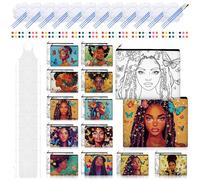 Locmeo 12 Set Pre Drawn Canvas Make Up Bags Set Paint and Sip Kit for Adults Painting DIY Zipper Makeup Bags Making Kit with Paintbrushes, Paints, Apron, Palette for Painting Party Women(Afro Queen)