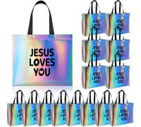 Locmeo 15 Pcs Jesus Loves You Gift Bags 12.99 x 5.12 x 10.63 Christian Iridescent Non Woven Tote Bag Bulk Religious Party Favors with Handles Reusable Goodie Treat Handbags for Church Sunday School
