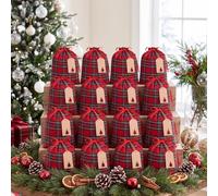 Locmeo 16 Pcs Christmas Mini Fabric Drawstring Gift Bag 10 x 12 Inches Red Black Cotton Tartan Plaid Christmas Bag with Twine 24 Tags for Presents Wrapping and Storage Xmas Party Candies Snacks