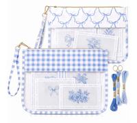 Locmeo 2 Pack Needlepoint Project Bags with Wristlet Transparent PVC Embroidery Storage Pouch & Cross Stitch Organizer Travel Craft Tote for Canvases Threads Notions(Blue,Bow)
