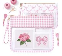 Locmeo 2 Pack Needlepoint Project Bags with Wristlet Transparent PVC Embroidery Storage Pouch & Cross Stitch Organizer Travel Craft Tote for Canvases Threads Notions (Pink,Bow)