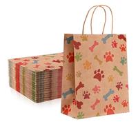 Locmeo 50 Pcs Puppy Dog Paw Print Gift Bags with Handles - 10.6 x 8.3 x 4.3 Inch Kraft Paper Bags for Pet Treat Party Favor Birthday Gift (Yellow)