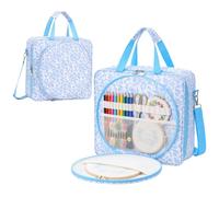 Locmeo Blue Floral Embroidery Project Bag Organizer, Embroidery Supply Storage Bag with Removable Binder Cross Stitch Totes Portable Carrying Tote for Thread Tool Accessories, Multiple Pocket