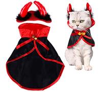 LOCOLO Cat Halloween Costume - 1 Piece Horn Headdress Cat Cape with 2 Piece Bells, Red Black Pet Cloak for Small Dogs and Cats