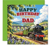 Locomotive Birthday Card for Dad - Wonderful Dad Message, Steam Train Scene | Vintage Railway Illustration with a Viaduct, Rolling Countryside and Wildflowers, 145mm Square, Envelope Included