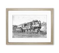 Locomotive Illustration In Black & White Vintage Framed Print | A2 Oak Framed Wall Art | Ready to Hang | Classic Vehicle Picture | Living Room Bedroom Lounge Office