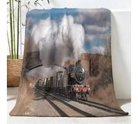 Locomotive Train Track Warm Fleece Throw Blanket 127 x 152 cm, Vintage Industrial Soft Flannel Blankets for Kids Adults, Tan Printed Lightweight Comfortable Blanket For Bed Living Room Sofa Couch