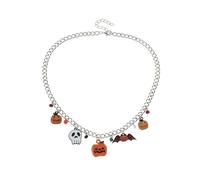 Locrccl Halloween Pumpkin Ghost Bat Pendant Figaro Chain Necklace With Drop & Dangle Beaded for Women Girls Jewelry, Stainless Steel, No Gemstone