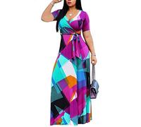 Locryz Women's V Neck 3/4 Sleeve African Floral Printed Party Loose Long Maxi Dress with Belt, A-short Sleeve Purple Red, L