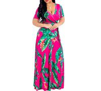 Locryz Women's V Neck 3/4 Sleeve African Floral Printed Party Loose Long Maxi Dress with Belt S-3XL, Rose Red, L