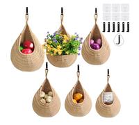 LOCS MICRAI Hanging Fruit Baskets for Kitchen - 6 Pack Boho Wall Hanging Basket,Handwoven Wall Fruits Basket,for Garlic Potato Vegetable Onion Teardrop Home Hanging Storage Baskets(Brown Classic)