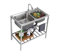 Locuetyn Stainless Steel 2-Compartment Restaurant Kitchen Sink, Freestanding 304 Stainless Steel Double Bowl Utility Sink w/Cold Hot Water Faucet, 80x43x75 cm