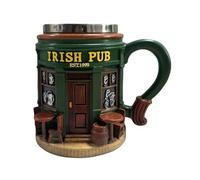 locwanot Irish Pub Sculpted Ceramic Beer Stein Mug with Stainless Steel Lid, Green, 300ml, EST.1999 Classic Bar Design with Barrel and Stools