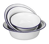 LOCZUK 4 Pcs Vintage Enamel Serving Bowls Set White Stackable and Unbreakable Cold Rolled Plate Mixing Bowls for Kitchen and Dining Table Use with Classic Round Design