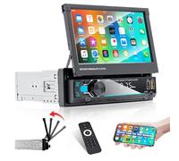 Loddery Flip Out Single Din Car Stereo with 7 Inch Motorized Touch Screen,1 DIN Radio with Mirror Link Bluetooth FM SWC Multi Color Illumination,Support USB/AUX/Type-c Rear View Camera