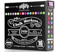 Loddie Doddie Chalk Markers - Pack of 16, 6mm Reversible Bullet & Chisel Tips - Non-Toxic Dust-Free Erasable Liquid Chalk Ink - Dry Erase Markers for Glass, Windows & Whiteboards