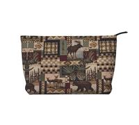 Lodge Bear Deer Corduroy Makeup Bag – Versatile Cosmetic Pouch with Zipper for Daily Use and Travel Capacity Organizer
