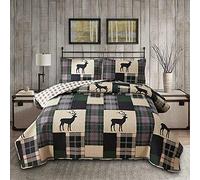 Lodge Bedspread Set King Size Rustic Cabin Quilt Set Deer Bedding Sets Lightweight Coverlet Reversible Bedspreads Elk Moose Printed Bedcover Dark Green Beige Plaid Patchwork Bedding Country Decor