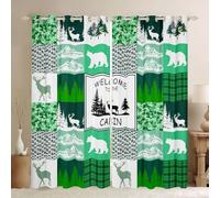 Lodge Cabin Blackout Curtains for Living Room, Grizzly Bear Deer Window Curtains 2 panel Sets 66 x 72 Inch,Green Buffalo Plaid Decor Rustic Woodland Pine Trees Farmhouse Window Treatments Drapes