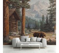 Lodge Cabin Wallpaper, Farmhouse Rustic Bear Wall Mural for Living Room, Bedroom, Non-Woven Wall Papaer Decoration, Photo Wallpaper & Home Decor, 300x210 cm (WxH) K-MZ&32