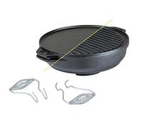 Lodge Cast Iron Cook-It-All Kit. Five-Piece Cast Iron Set includes a Reversible Grill/Griddle 14 Inch, 6.8 Quart Bottom/Wok, Two Heavy Duty Handles, and a Tips & Tricks Booklet.