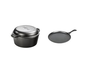 Lodge L8DD3 4.73 litre / 5 quart Pre-Seasoned Cast Iron Double Dutch Oven (with Loop Handles), Black & 26.67 cm / 10.5 inch Pre-Seasoned Cast Iron Round Griddle/Pancake Pan, Black
